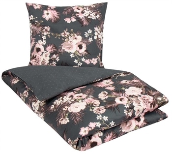 Blomstret sengetøj - 150x210 cm - Flowers & Dots - Grågrøn - 2 i 1 design - By Night