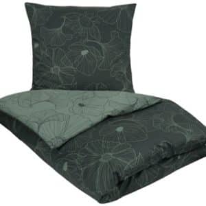 Blomstret sengetøj 140x200 cm - Big flower green - 2 i 1 design - 100% Bomuldssatin - By Night sengesæt