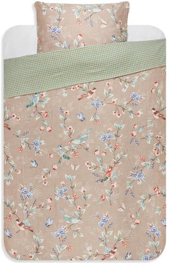 Blomstret sengetøj 140x200 cm - Birdy Khaki - 2 i 1 sengesæt - Dynebetræk i 100% Bomuldsflonel - Pip Studio