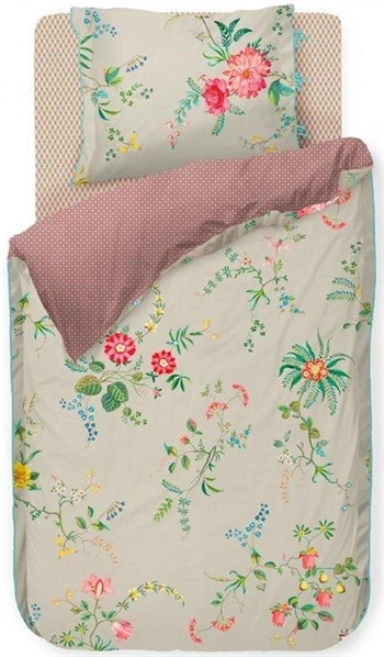 Blomstret sengetøj 140x200 cm - Fleur - Khaki - 2 i 1 sengesæt - Dynebetræk i 100% bomuld - Pip Studio