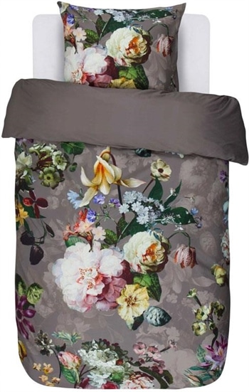 Blomstret sengetøj 140x200 cm - Fleur Taupe - 100% Bomuldssatin sengetøj - 2 i 1 - Essenza sengetøj