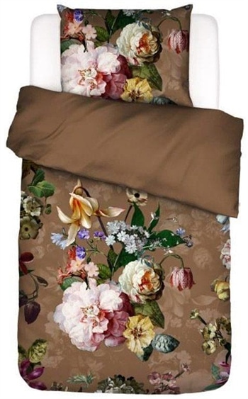 Blomstret sengetøj 140x200 cm - Fleurel leather brunt sengetøj - 2 i 1 - 100% Bomuldsflonel - Essenza sengetøj