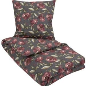 Blomstret sengetøj 140x200 cm - Flower Red - Gråt sengetøj - Dynebetræk i 100% Bomuld