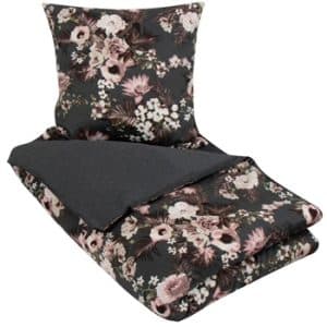 Blomstret sengetøj 140x200 cm - Flowers & Dots - Gråt sengetøj - 2 i 1 design - 100% Økologisk Bomuldssatin