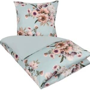 Blomstret sengetøj 140x200 cm - Green Flower - 2 i 1 design - Sengesæt i 100% Bomuldssatin - Excellent By Borg