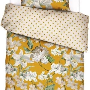 Blomstret sengetøj 140x200 cm - Rosalee Mustard Gult sengetøj - 2 i 1 - 100% Bomuldssatin sengetøj - Essenza