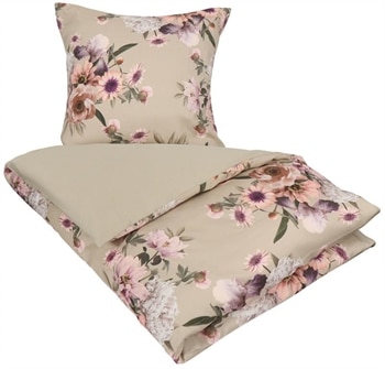 Blomstret sengetøj 140x200 cm - Sand Flower - 2 i 1 design - Sandfarvet sengetøj bomuldssatin 100% - Excellent By Borg