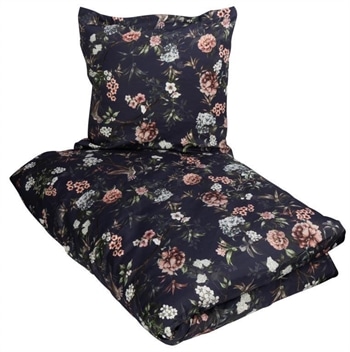Blomstret sengetøj 140x220 cm - Blåt sengetøj - Sengesæt med vendbar design - 100% Bomuldssatin - Excellent By Borg
