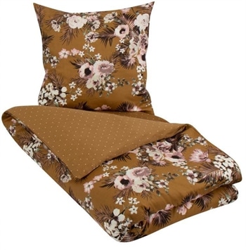 Blomstret sengetøj 140x220 cm - Gult sengetøj - Sengesæt i karrygul - Vendbar design - 100% Økologisk Bomuldssatin