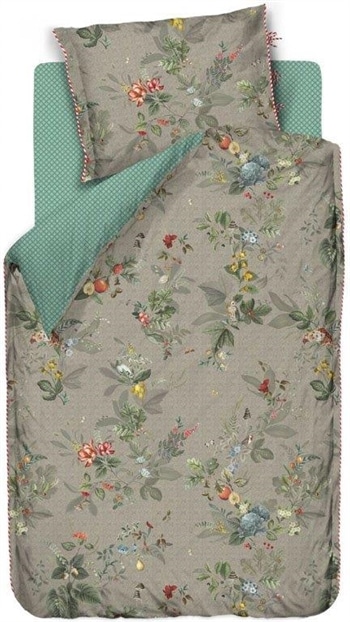 Blomstret sengetøj 140x220 cm - Leaf Khaki - Grøn - 2 i 1 design - 100% bomuld - Pip Studio
