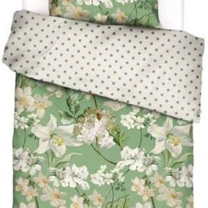 Blomstret sengetøj 140x220 cm - Rosalee Basil - Grønt sengetøj - 2 i 1 design - 100% Bomuldssatin - Essenza