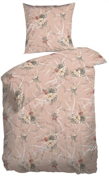 Peach sengetøj 140x220 cm - Ferskenfarvet sengelinned - Blomstret sengetøj - 100% Bomuldssatin - Night & Day