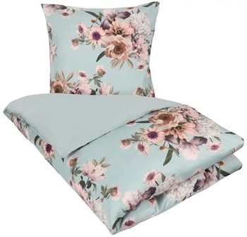 Blomstret sengetøj - 150x210 cm - Blue flower - 2 i 1 design - Sengesæt i 100% Bomuldssatin - Excellent By Borg