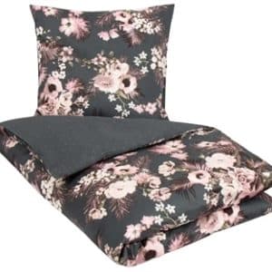 Blomstret sengetøj - 140x220 cm - Blomster og prikker - 100% Bomuldssatin sengetøj - 2 i 1 design - By Night
