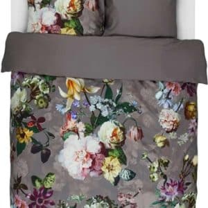 Blomstret sengetøj 200x220 cm - Gråt sengetøj - Fleur Taupe - Sengetøj dobbeltdyne - 2 i 1 design - 100% Bomuldssatin - Essenza